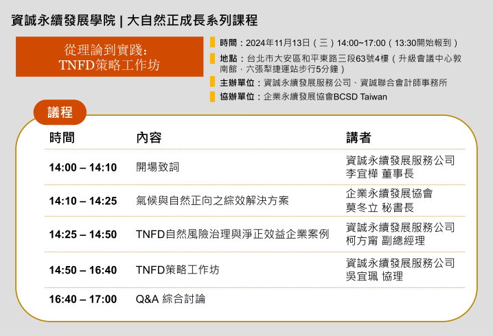 【資誠永續發展學院】 大自然正成長課程：11/13 從理論到實踐：TNFD策略工作坊